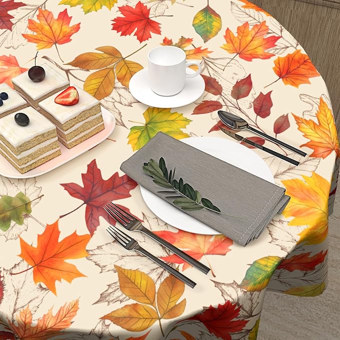 Fall Round Tablecloth 60 Inch Autumn Maple Leaf Table Cloth Round Orange Autumn Thanksgiving Harvest Themed Decorative Tablecloths Fall Circle Table Cover for Home Kitchen Dining Room Living Room