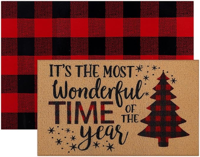 2 Pcs Christmas Tree Door Mat Welcome Non Slip Coir Mats Merry Xmas Black Red Buffalo Plaid Floor Layering Doormats Seasonal for Front Porch Entryway Decor(Christmas Tree)