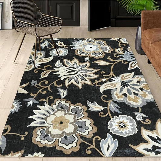 Lahome Floral Black Rug for Living Room - Washable 5 x 7 Area Rugs for Bedroom Non-Slip Ultra-Thin Large Rug Stain Resistant Dining Room Rugs, Paisley Print Accent Rugs Carpet for Office Kitchen