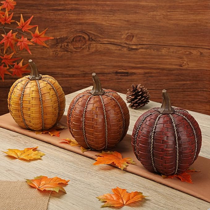 6 Inch Large Artificial Pumpkins, 3 Pcs Fall Pumpkin Decor Orange Clay Brown Dark Red Faux Resin Pumpkins Woven Pumpkin Centerpiece for Rustic Farmhouse Fall Thanksgiving Autumn Harvest Table Decor
