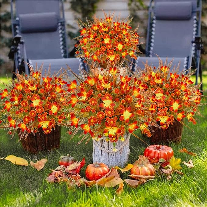 16Pcs Artificial Fall Flowers Outdoor Fake Fall Plants UV Resistant Autumn Greenery Plastic Flowers Shrubs for Outside Porch Patio Garden Boxwood Thanksgiving Decor