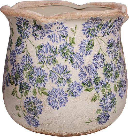 Ceramic Pots for Plants, Vintage Plant Pot with Drainage Hole, 6.11in. Planter for Indoor Plants, Crackle Glaze Finish Flower Pot, Perfect Tuscan Ceramic Planter for Gardening, Antique Blue Meadow