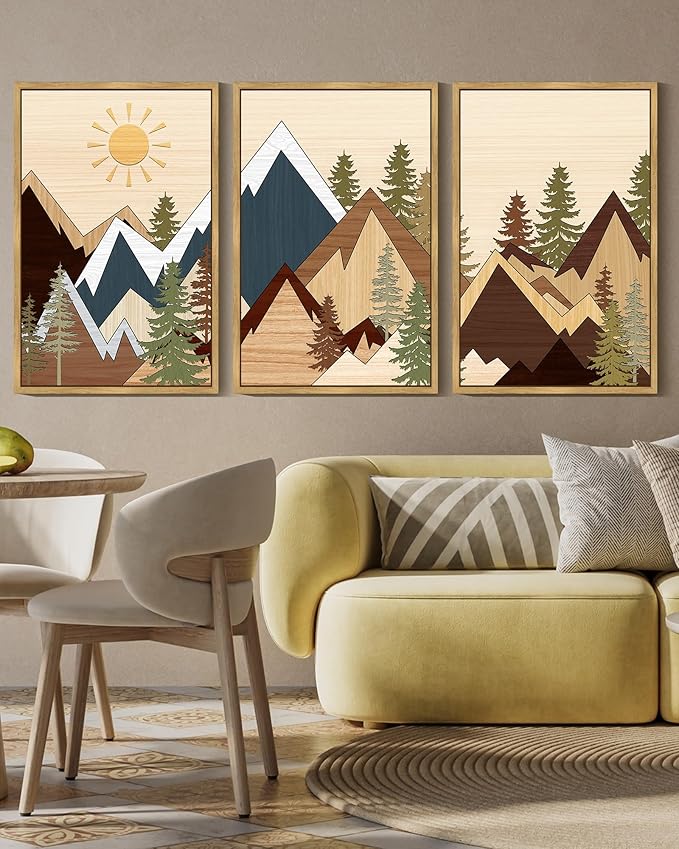 KUVIOKE Morden Mountains Pine Tree Forest Framed Wall Art Sunrise Boho Nature Landscape Artwork Bohemain Farmhouse Bedroom Living Room Decor 16x24in (Natural Framed)