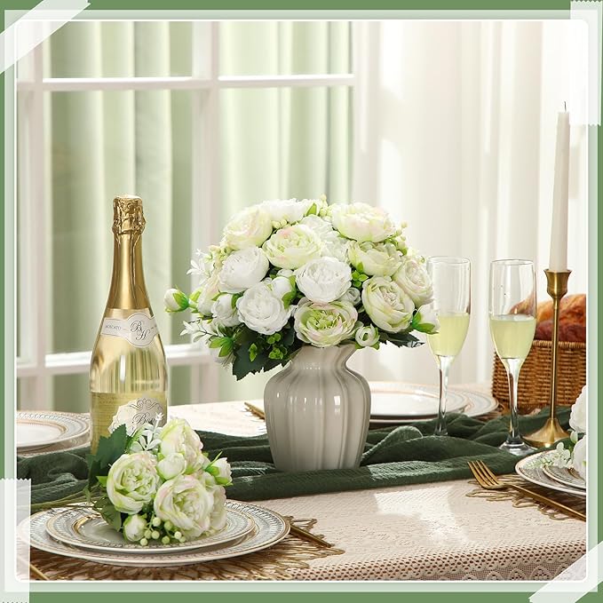 Geosar 8 Bundles Artificial Peonies Flowers Fake Silk Peony Bouquet Faux Peonies Flowers Bulk for Decoration Vase Florals Arrangements Wedding Party Table (White,Green)