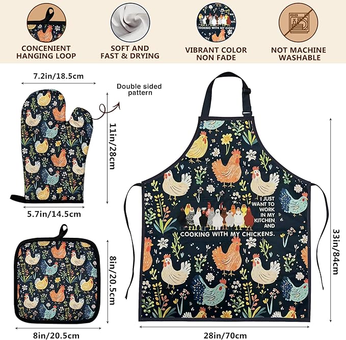 8pcs Chicken Bamboo Cooking Spoon with Apron and Oven Mitts, Rooster Kitchen Utensil Decor Gifts for Women Chicken Lovers,Roosters Themed Decorations for Home,Party Housewarming Presents Ideas