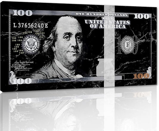 Extra Large Size Benjamin Franklin 100 Dollar Wall Art for Large Home Office Wall Decorations Inspirational Gifts for Men Black and White 100 USD Money Artwork Gallery Wrapped Easy to Hang-48"Wx24"H