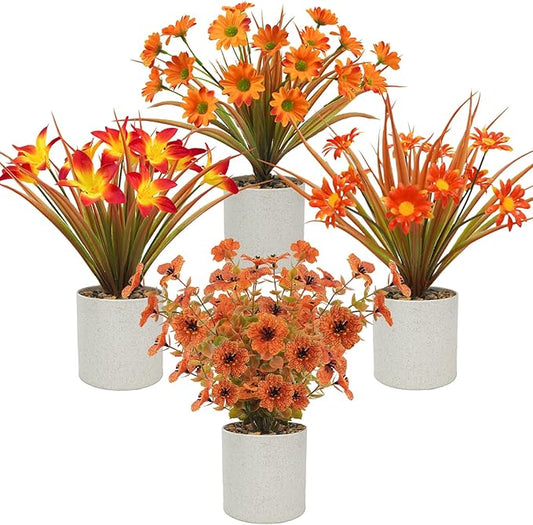 Uieke 4PCS Fall Fake Potted Plants Thanksgiving Floral Arrangements Fall Decor Autumn Mini Small Artificial Potted Plants Fall Decorations for Home Harvest Wedding Tabletop Centerpieces Office Decor