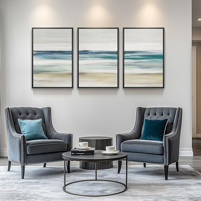Framed Abstract Coastal Wall Art for Living Room, Large Blue Coastal Landscape Decor, 3 Piece Minimalist Beach Ocean Painting Artwork for Walls, Canvas Prints for Bedroom Hallway Wall Decor, 24x36 In