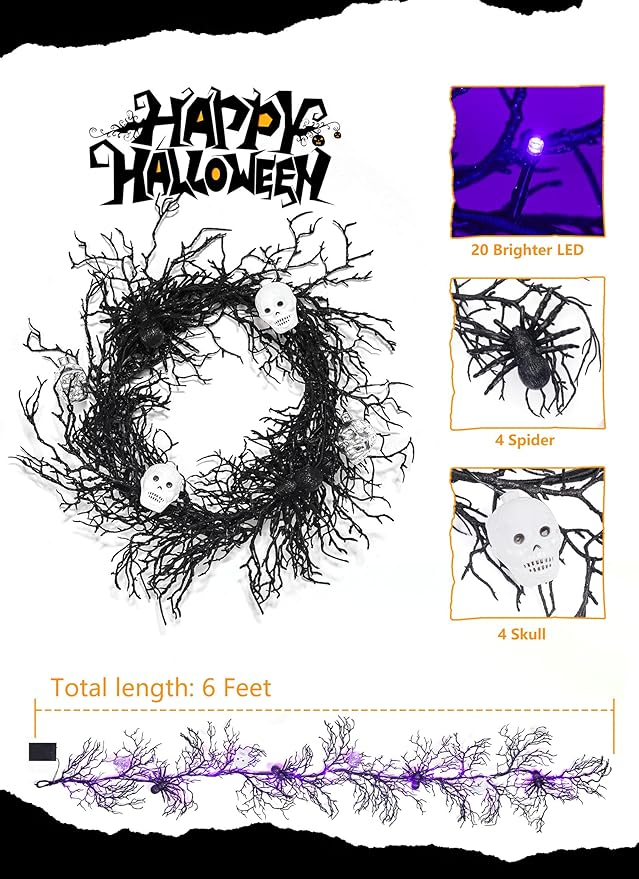 Brightown Halloween Decorations Garland with Lights, 6 Feet 20 LED Purple Lights Vine Garland with Spider, Skull, Battery Operated for Fireplace Mantle Wall Table Door