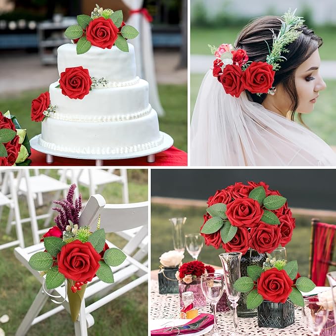 AmyHomie 25pcs Real Looking Artificial Red Roses w/Stem for DIY Wedding Bouquets Centerpieces Arrangements Party Baby Shower Home Decorations