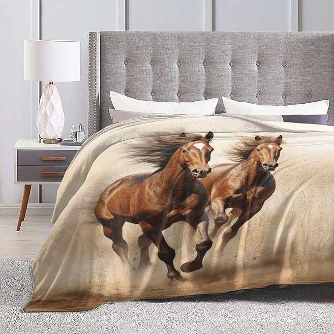 Horse Blanket Animal Horses Running Pattern Print Flannel Throw Blankets for Home Couch Bed Sofa Soft Fuzzy Lightweight Decor Gifts for All Season 60x50 Inches