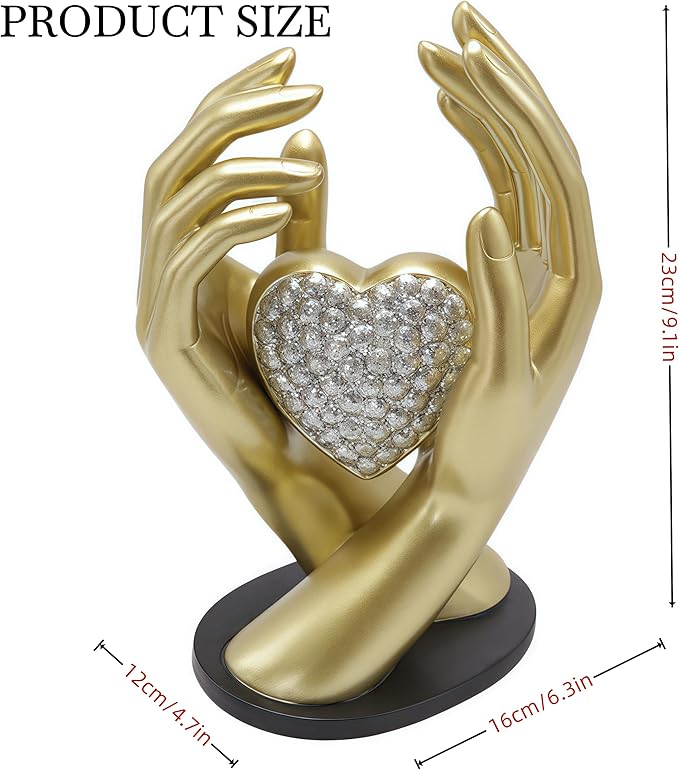 Gold Heart Hands Sculpture Modern Aesthetic Decoration Accents Figurines Home Decor Gold Love Heart Statue Decor for Living Room Bedroom Shelf Office Table Women Girl Wedding Anniversary Couple Gift