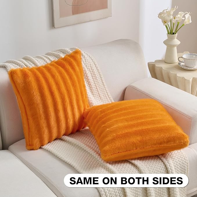 FUTEI Orange Decorative Throw Pillow Covers 20x20 Inch Set of 2,Soft Fluffy Faux Mink Fur Dyeing Striped Textured Cushion Case,Modern Home Decor for Couch Bed Living Room