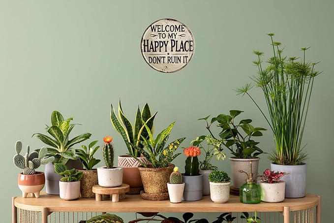 Welcome Sign for Front Door Round Metal Welcome to My Happy Place Plaque for Home Office Bedroom Kitchen Dining or Bar Decor 8x8 In