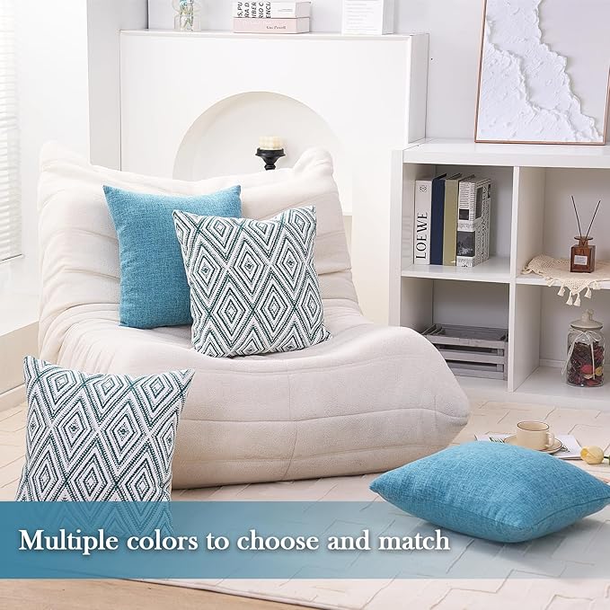HPUK Decorative Throw Pillow Covers Set of 4 Geometric Design Linen Cushion Cover for Couch Sofa Living Room, 18"x18" inches, Aqua Blue
