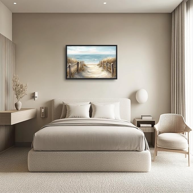 Olivine Beach Large Wall Art, Coastal Seascape Pictures Wall Decor, Nautical Paintings, Sea Canvas Prints, Framed Artwork for Dining Room Bedroom Living Room Office Bathroom Home Decoration 36"x24"