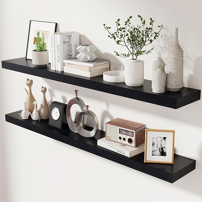 Black Floating Shelves 48 Inch, Solid Wood Wall Mounted Shelves Set of 2, Extra Long Modern Floating Shelves for Wall Decor & Storage, Shelves for Bathroom Bedroom Kitchen Living Room - Black