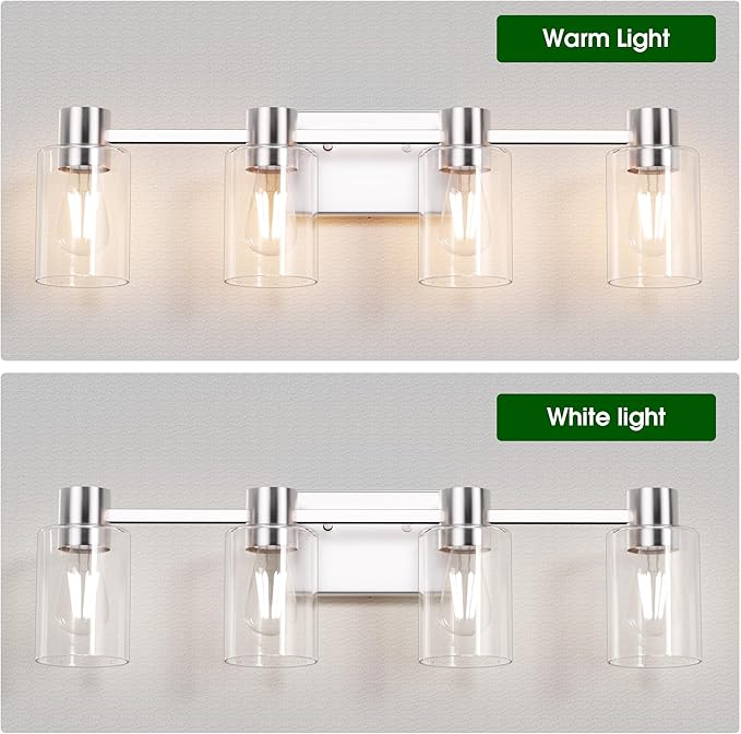 4-Light Modern Vanity Light Fixtures Over Mirror, Brushed Nickel Bathroom Light Fixtures, Vanity Lights, Wall Sconce with Clear Glass Shade for Bathroom, E26 Base