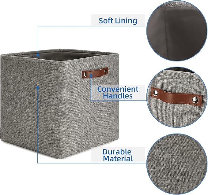 Temary Storage Baskets 13 Inch Fabric Storage Cubes for Shelves Set of 4 Storage Cube Bins for Home, Office, Storage Organizers for Toys with Leather Handles(Grey)