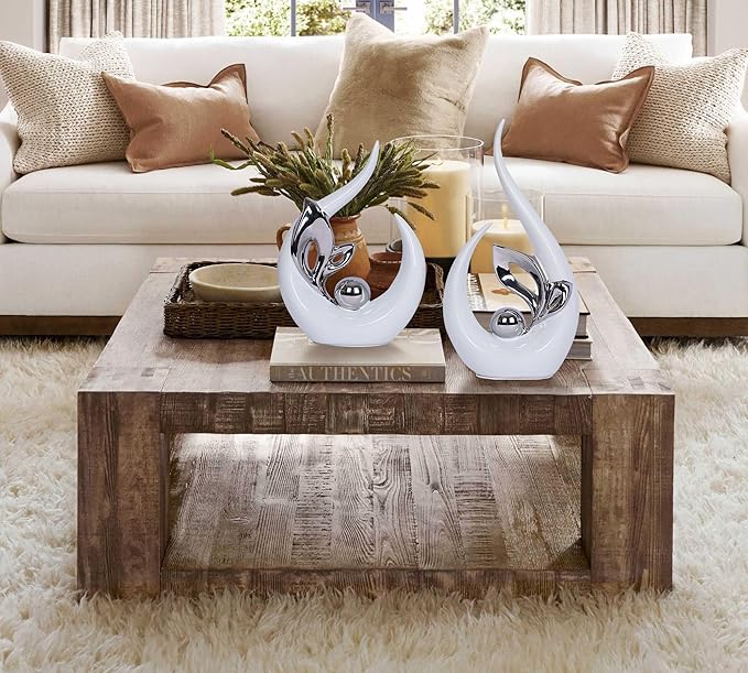 2 PCS White Decor Accent Ceramic Statue White Silver Mid Century Modern Home Decor Accents Sculpture Decorations Centerpieces for Living Room Kitchen Coffee Table Shelf Bookshelf Office Dining Table