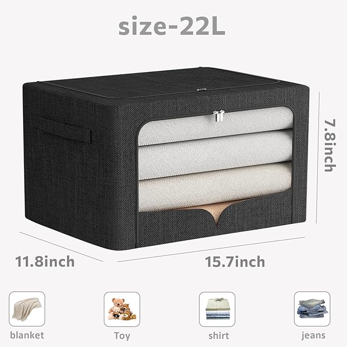3 Pack Clothes Storage Bins Foldable Metal Frame Storage Box Stackable Linen Fabric Organizer Set with Carrying Handles and Clear Window (Black, 15.7x11.8x7.8inch(22L))