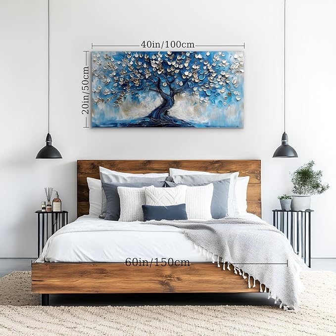 crmotu Tree of Life Large Wall Art, Blue Tree Painting Canvas Prints, Modern Abstract Art Room Decorations, Navy Blue Neutral Aesthetic Pictures Wall Decor Living Room Bedroom Bathroom Office 20"X40"