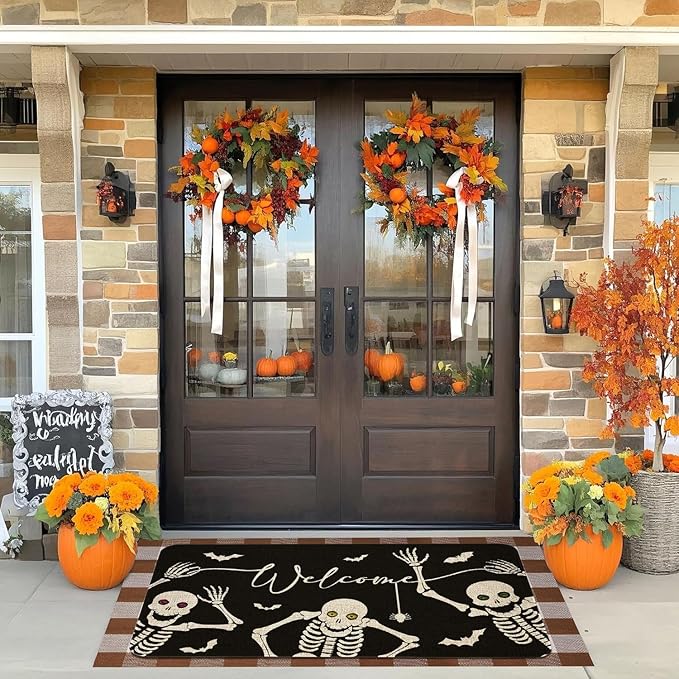 Halloween Skeleton Welcome Doormat 30x17 Inch Spooky Skull Front Door Mat Indoor Outdoor Entrance Floor Mats Non-Slip Washable Seasonal Halloween Home Decor Rugs