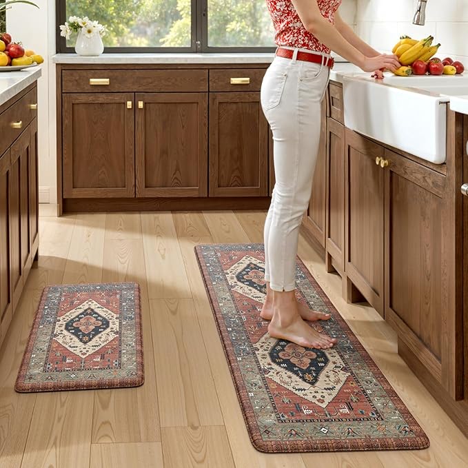 KIMODE Anti Fatigue Kitchen Mats,Boho Vintage Kitchen Rugs Sets of 2,Non Slip Waterproof Kitchen Floor Mats,Ergonomic Cushioned Comfort Standing Mat for Laundry,Office,Sink,Desk, Red