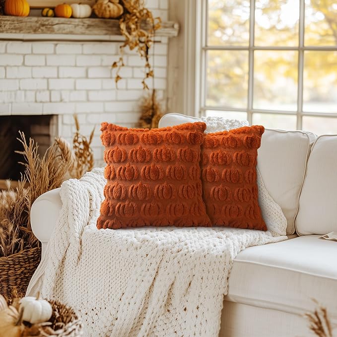 GEEORY Fall Pumpkins Soft Plush Pillow Covers, 26 x 26 Inch Set of 2, Fluffy Faux Fur Wool Decorative Farmhouse Cushion Case for Sofa Home Decoration Rust GC001-26