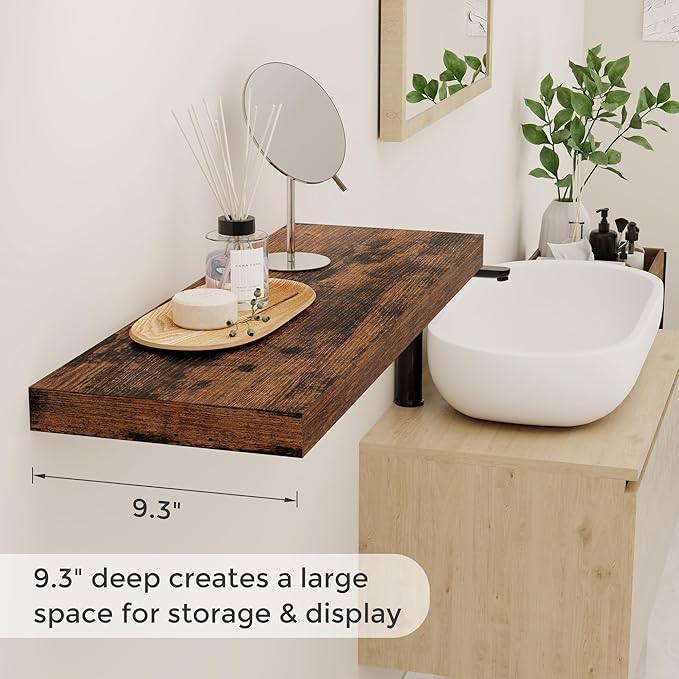 Fun Memories 32 Inch Floating Shelves, Farmhouse Wood Floating Shelf Set of 2, 32 x 9.3 Floating Shelf Wall Mounted, Deep Storage Display Shelves for Kitchen, Bedroom, Living Room, Rustic Brown Color