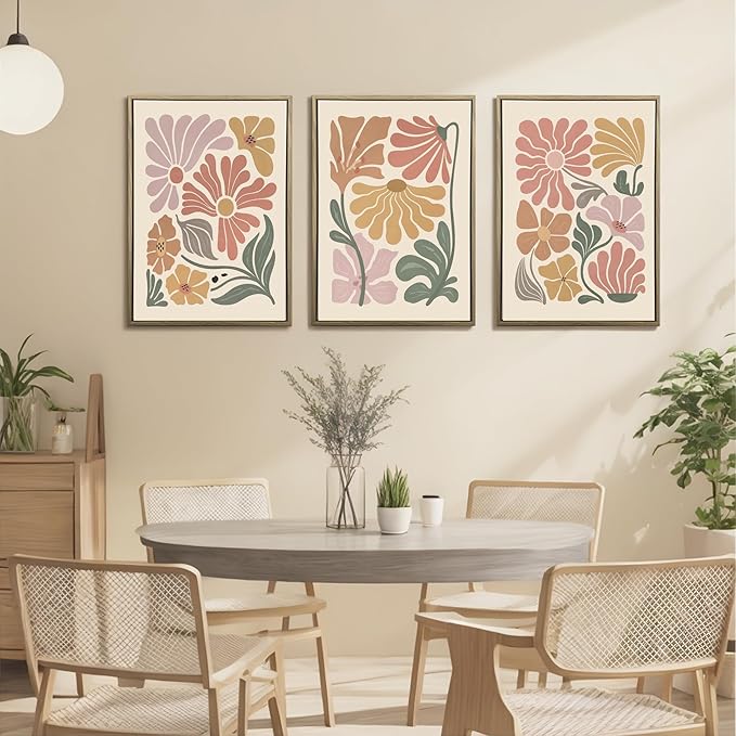 WRFON Boho Abstract Floral Canvas Wall Art, Flower Market Poster Prints, Minimalist Vibrant Botanical Aesthetic Pictures, Modern Nature Plant Wall Decor for Living Room Bedroom Framed 16"x24"x3