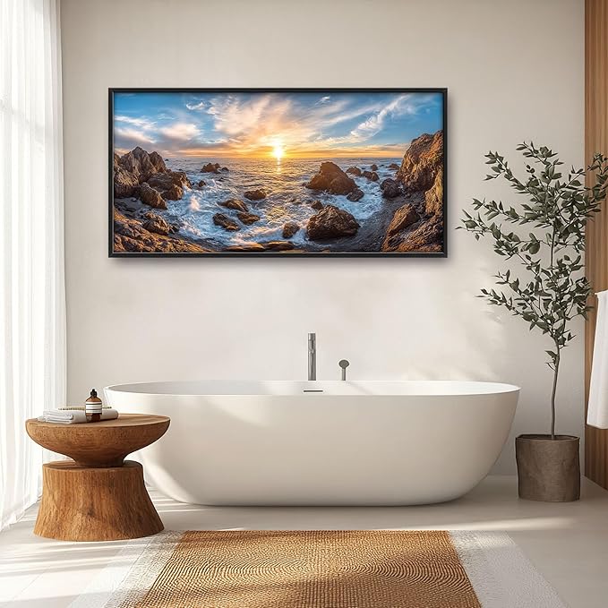 Coastal Large Wall Art for Living Room, Ocean Sunrise Oversized Wall Decor Pictures, Coast Seascape Framed Canvas Print Painting, Modern Artwork for Bedroom Office Home Decor 60"x30"