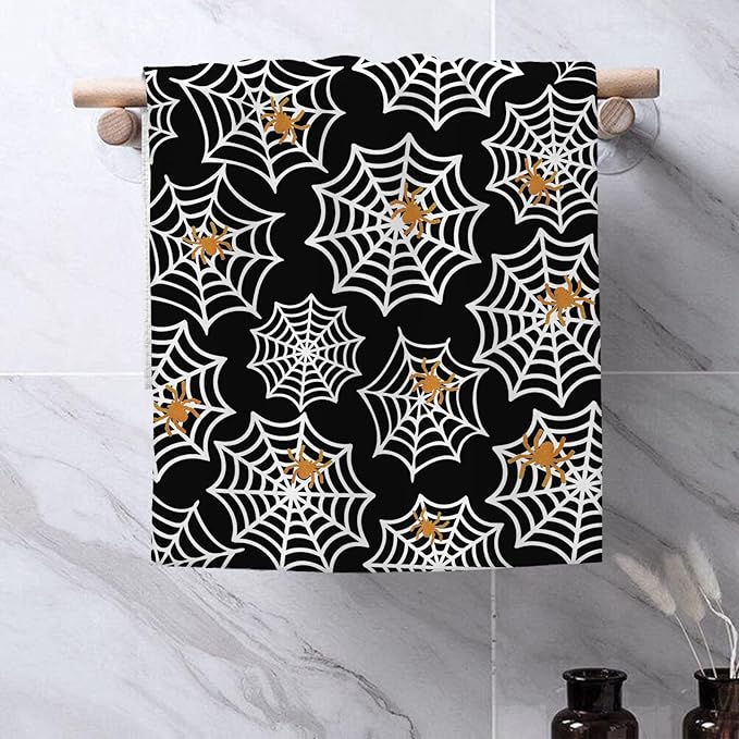 Halloween Kitchen Towels 16x24 Inch Black Orange Golden Spider Webs Decor Dish Towels Fall Autumn Holiday Decoration Hand Towel Absorbent Dish Cloths for Home Kitchen Dining Set of 2