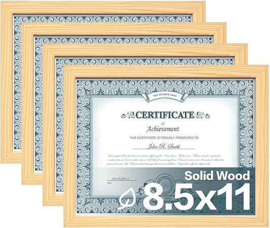 Egofine 8.5x11 Picture Frames Set of 4, Made of Solid Wood Covered by Plexiglass for Document,Diploma, Certificates and Degree, for Table Top Display and Wall Mounting Photo Frame Natural Wood