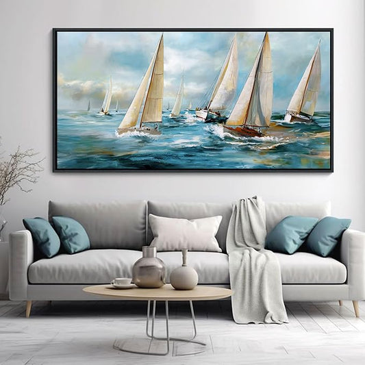 YDYSUNE Sailboat Wall Art - Blue Canvas Abstract Painting Textured Picture Artwork Vintage Nautical Large Painting Coastal Modern Print Frame for Living Room Bedroom Home 24x48inch