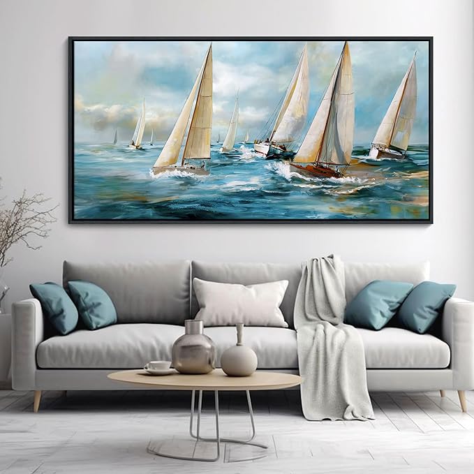 YDYSUNE Sailboat Wall Art - Blue Canvas Abstract Painting Textured Picture Artwork Vintage Nautical Large Painting Coastal Modern Print Frame for Living Room Bedroom Home 29x58inch