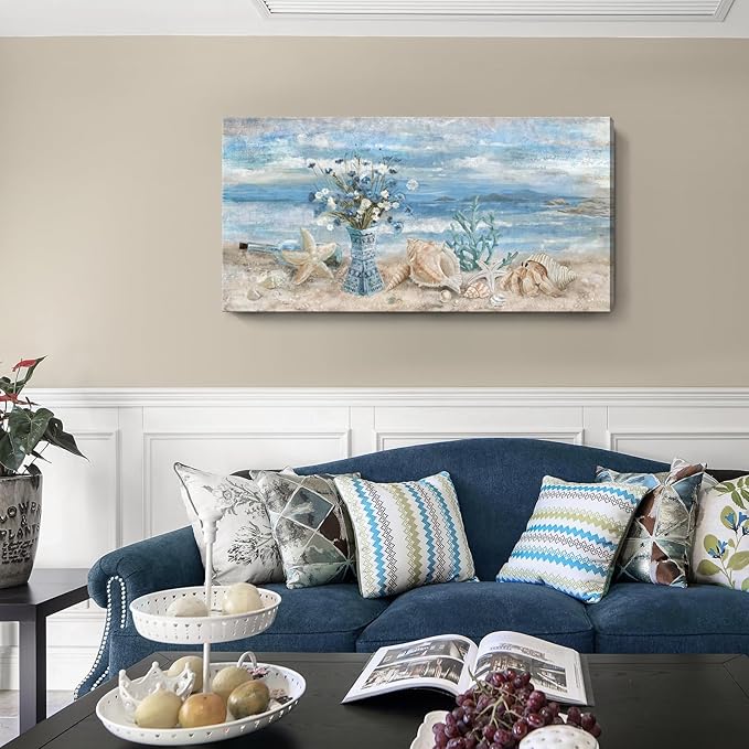 Large Canvas Wall Art for Living Room Seaside Painting Blue Sea View Ocean Theme Abstract Seascape Framed Artwork Coastal Beach Home Decor Daisy Flower in Indian Vase Picture Poster Print 24x48inch