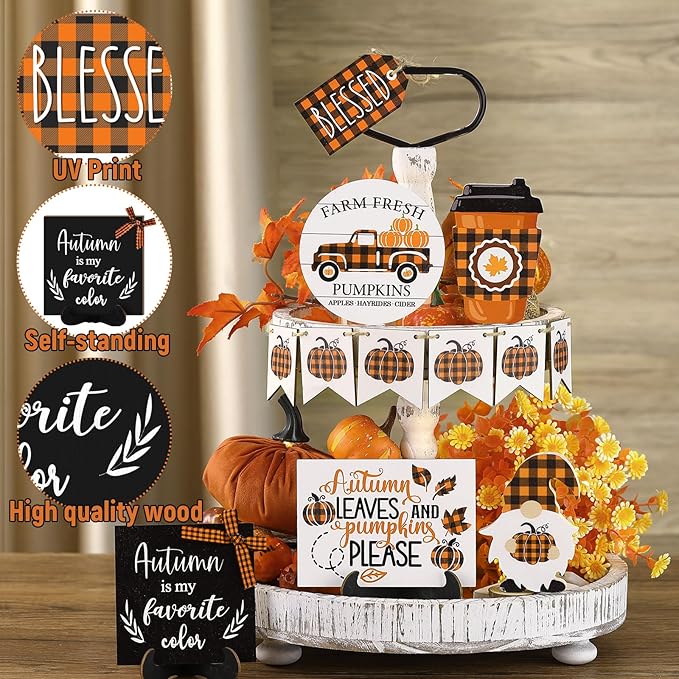 Maitys 13 Pcs Fall Tiered Tray Decor Set Thanksgiving Pumpkin Gnome Rustic Farmhouse Decoration Autumn Decor Autumn Harvest Decorative Trays Wooden Tabletop Signs for Home Kitchen(Orange Plaid Style)