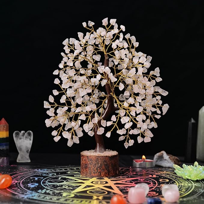 Rose Quartz Crystal - Bonsai Tree - Crystal for Desk - Office Decor for Women - Office Desk Accessories - Pink Room Decor Aesthetic - Pink Crystal - Spiritual Gifts - Small Decor Items for Shelf