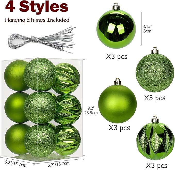 12PCS 3.15" Christmas Ball Ornaments Shatterproof Green Christmas Tree Decorations Xmas Tree Balls Halloween Ornaments Décor