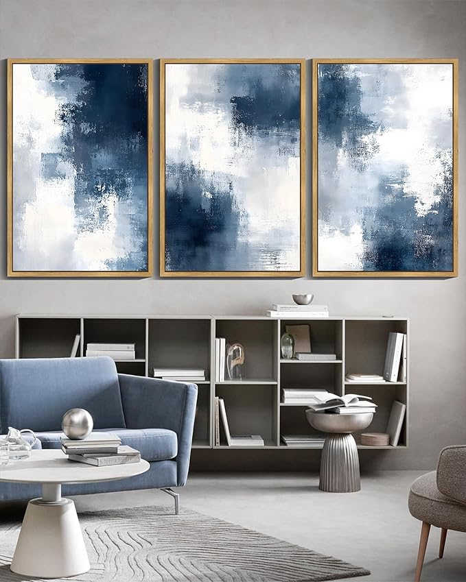 KUVIOKE Navy Blue Abstract Wall Art Framed Neutral Brush Strokes Block Shape Mid Century Art Prints Minimalist Modern Illustrations Bedroom Hallway 24x36in (Natural Framed)