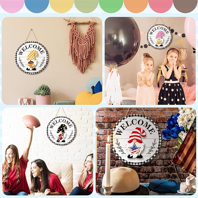 Qunclay Interchangeable Wooden Gnome Decor Holiday Seasonal Gnome Decorations with Magnet Pieces and Detachable Hats Changeable Welcome Sign for Home(Vivid Style)