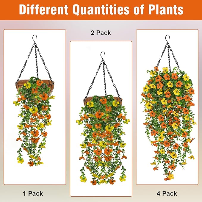 4 Pcs Fall Artificial Hanging Flowers for Outdoors,Fake Hanging Plants,Artificial Mums for Outdoors,Fall Decorations for Home,Outdoor Fall Decor(Orange&Yellow)