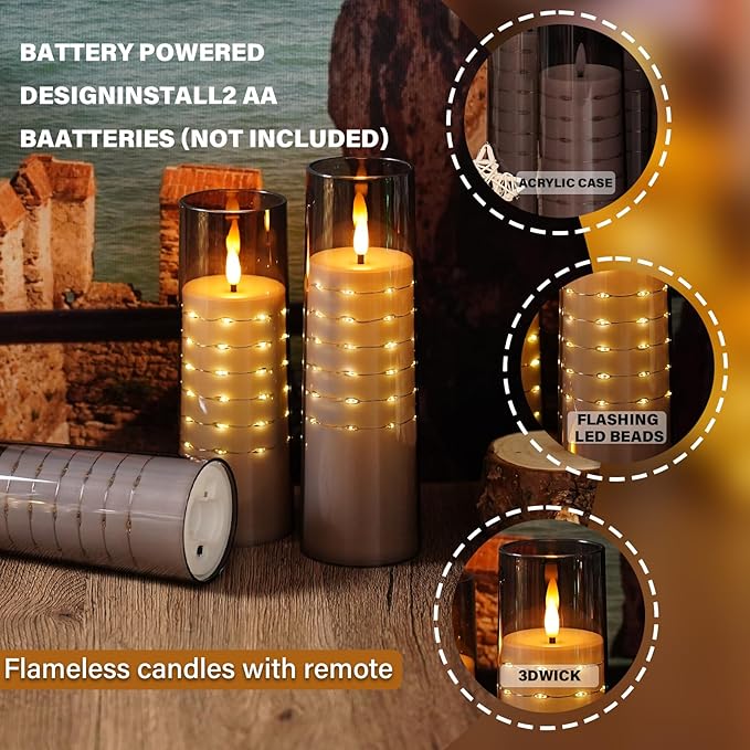 Flameless Candles with Embedded Star String - Flow Flicker Battery LED Candles, Realistic Flame, Grey Set of 5 | Holiday Decoration, Wedding, Party Adding to The Family Atmosphere
