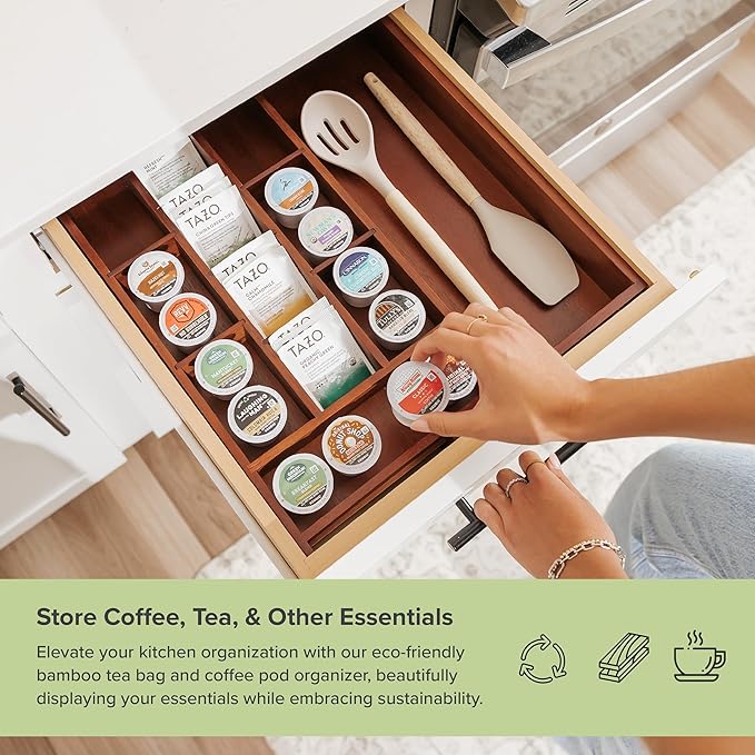 Acacia Tea Bag and Coffee Pod Kitchen Drawer Organizer, Expandable 9.7 to 17 Inches, 10 Storage Compartments, Adjustable Wall Inserts, Non-Slip Feet, Food-Safe