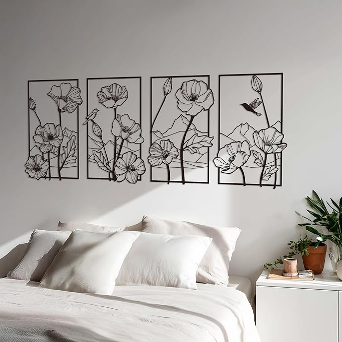 deeinglif Black Metal Wall Art, Abstract Minimalist Wall Decor, Flower Wall Decor, Floral Line Sculpture, Modern Home Decor for Living Room, Bedroom, Bathroom, Kitchen, Cafe, Office Decoration