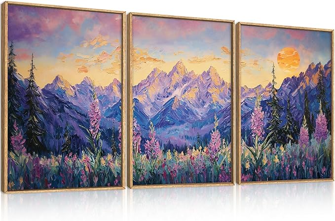 HOURIA Purple Sunset Mountain Landscape Framed Canvas Wall Art Set,Nature Pine Tree Wildflowers Wall Decor,Golden Sunlight Wall Painting,Modern Field Art Prints for Living Room, Bedroom-24 x36 x3