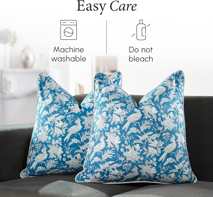 CPC 100% Cotton Throw Pillow Covers 20x20 Inch, Set of 2 Blue Block Print Pattern Couch Pillow, Cute Boho Decorative Pillows for Living Room, Bedroom with Hidden Zipper- Blue Sapphire