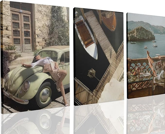 UCRAASDEB Fashionable Women Wall Décor, Mediterranean Coast Landscape Wall Art Set - Framed Vintage Travel Coastal Canvas Prints for Living Room Bedroom or Office 24L x 16W Ready to Hang Home Décor