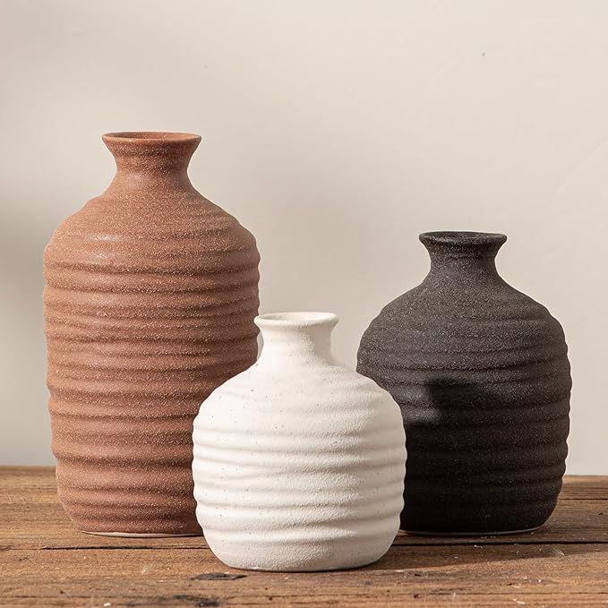 Ceramic Vase Set of 3 Decorative Vase for Home Decor Modern Farmhouse Decor Pottery Neutral Vases for Living Room Bathroom Table Mantel Fireplace Entryway Shelf (02-Brown)